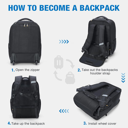 Rolling Backpack, 15.6 inch Laptop Backpack with Wheels, Flight Approved Water Resistant Underseat Carry on Lugagge Wheeled Bag for Men Women Adults, Black