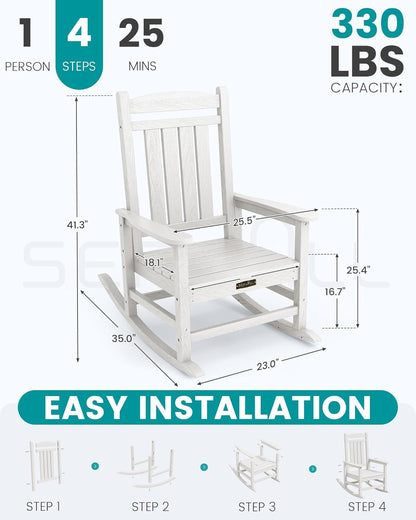 SERWALL Outdoor Rocking Chair, HDPE Patio Rocking Chair All-Weather Porch Rocker for Balcony, Yard, White