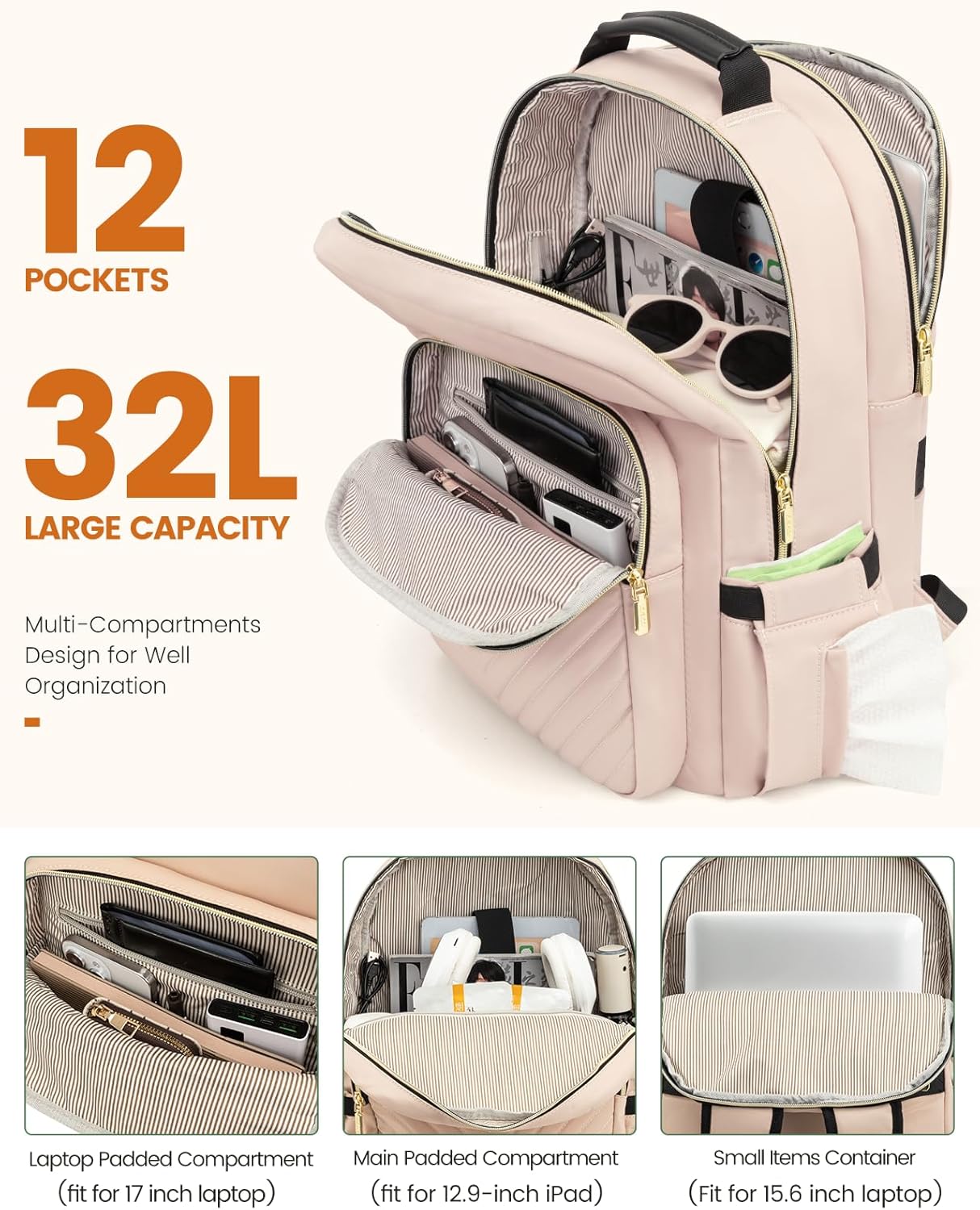 LOVEVOOK Laptop Backpack for Women, Travel Computer Work Bags with 17-inch Laptop Compartment, College School Student Bag Teen Backpacks For Girls, Outdoor Carry On Backpack Purse, Antiquewhite