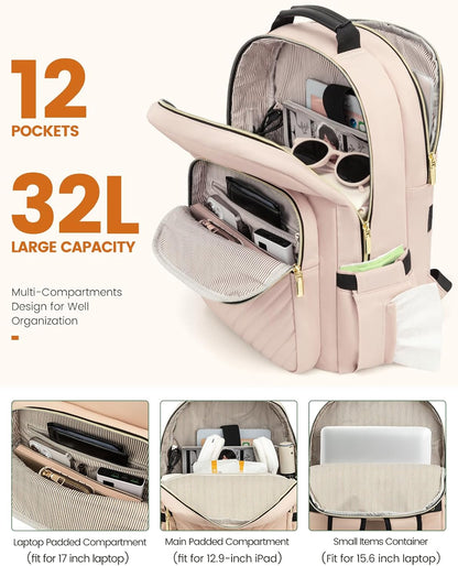 LOVEVOOK Laptop Backpack for Women, Travel Computer Work Bags with 17-inch Laptop Compartment, College School Student Bag Teen Backpacks For Girls, Outdoor Carry On Backpack Purse, Antiquewhite