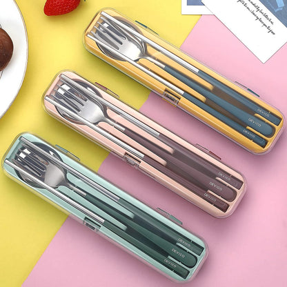 DEVICO Portable Utensils, Travel Reusable Silverware Flatware Set for Lunch, 18/8 Stainless Steel 4-Piece Camping Cutlery Include Fork Spoon Chopsticks with Case (Brown)