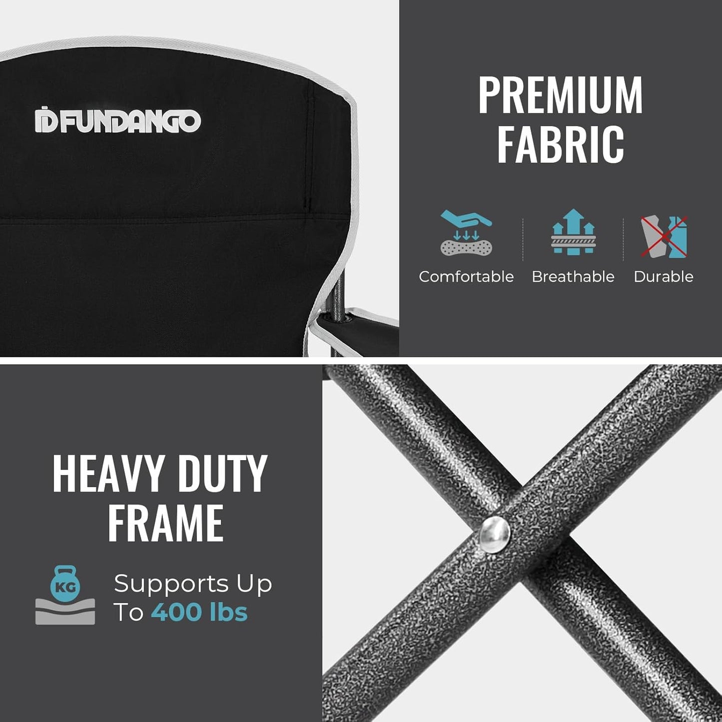 FUNDANGO Folding Camping Chair with Table, 2 Pack Portable Heavy Duty Outdoor Padded Chairs for Adults with Cup Holders for Lawn Beach Picnic Outside Travel (Black)