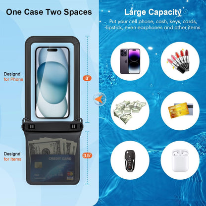 Double Space Waterproof Phone Pouch, 2 Pack Waterproof Phone Case with Lanyard for iPhone 16 15 Pro Max Galaxy S23 Pixel 7a up to 8.5’’, Cellphone Dry Bag for Beach Vacation Travel Cruise Essentials