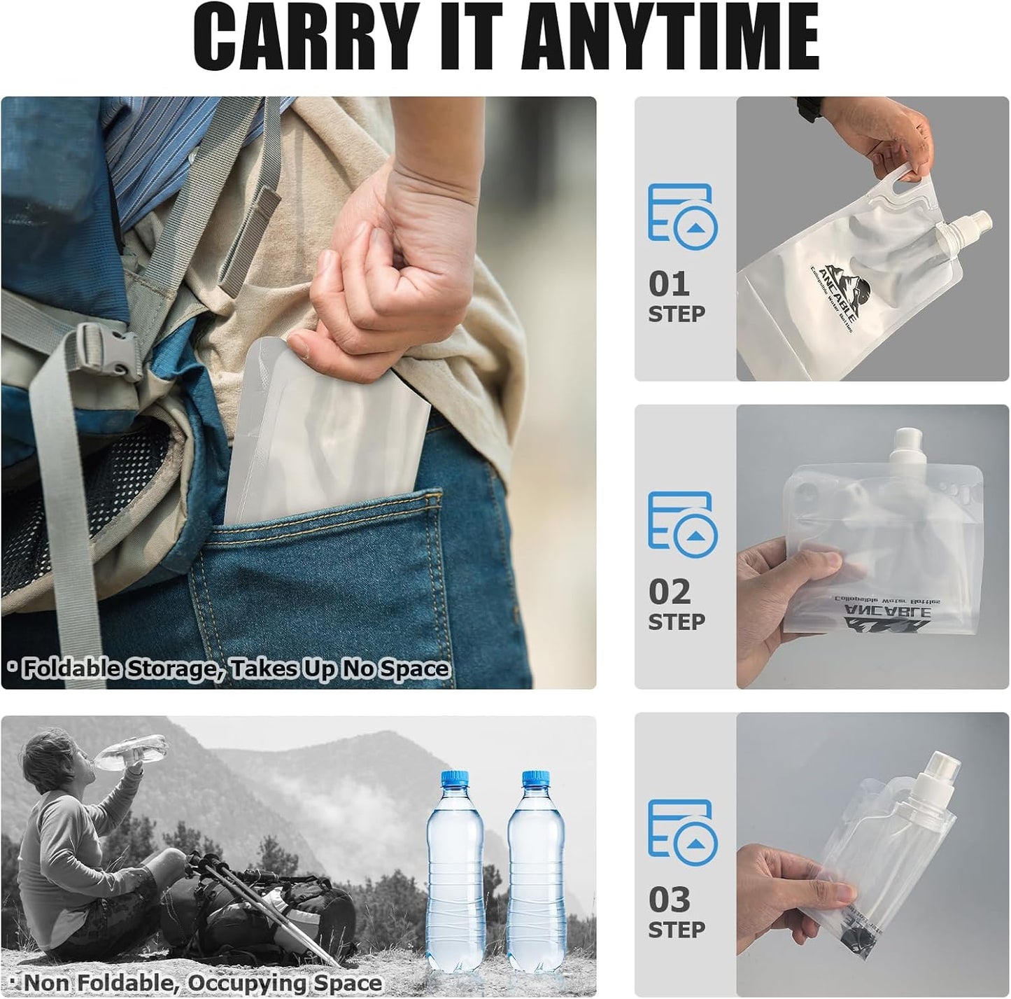 1L Hiking Collapsible Water Bottles, 8-Pack 33OZ BPA-Free Foldable Backpacking Water Bottle for Travel Camping Hiking