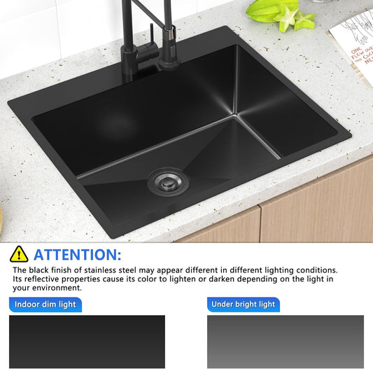 25x22 Inch Black Drop In Kitchen Sink, 25 Inch Gunmetal Black Kitchen Sink Top Mount 18 Gauge Stainless Steel Single Bowl Deep KitchenSink With Grid Handmade KitchenSink Drop In
