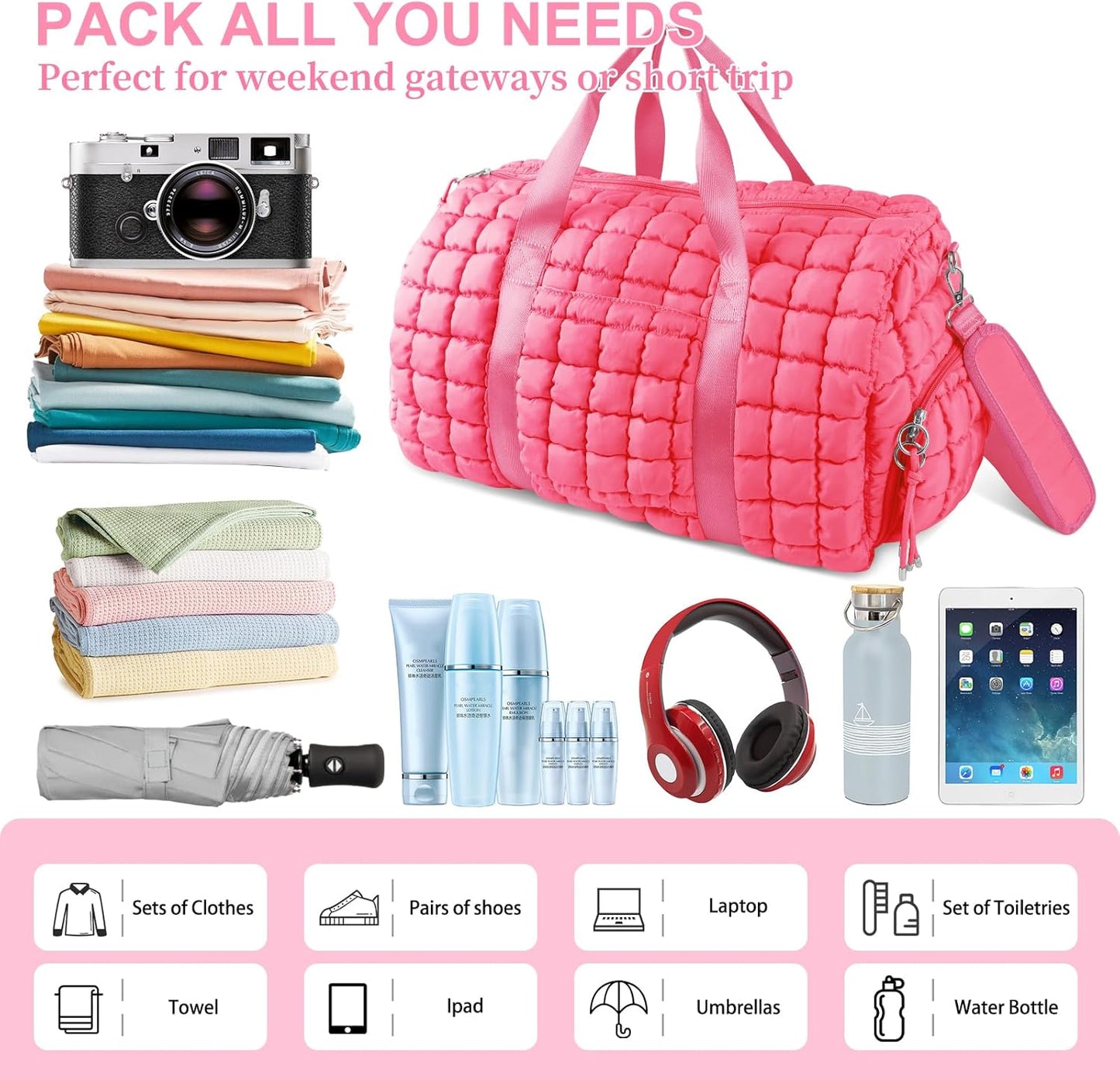 Quilted Travel Duffle Bag Gym Bag for Women,Large Puffer Duffle Weekender Bag with Compartment,Workout Overnight Carry on Organizer Bag Duffle Bag for Airplane Travel(L-Pink)