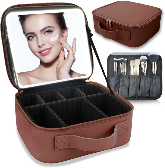 Makeup Bag with Led Mirror,Travel Makeup Organizer with 3 Color Setting, Portable Storage and Adjustable Dividers Travel Makeup Bag(Dark brown)