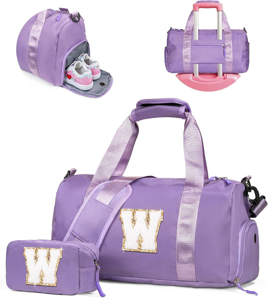 Graduation Gifts for Girls-Girl Gym Bag with Shoe Compartment, Kid Personalized Weekender Overnight Bags, Initial Travel Tote with Makeup Pouch, Gift Ideas for Niece Sister (Letter W)