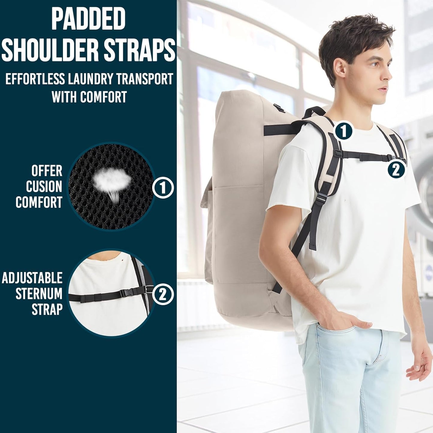 Laundry Bag Extra Large Heavy Duty, 115L Laundry Backpack, College Laundry Bag with Straps, Backpack Laundry Bags with 4 Pockets, Dorm Essential, Laundry Bags for Dorm Room, Apartment, Laundromat