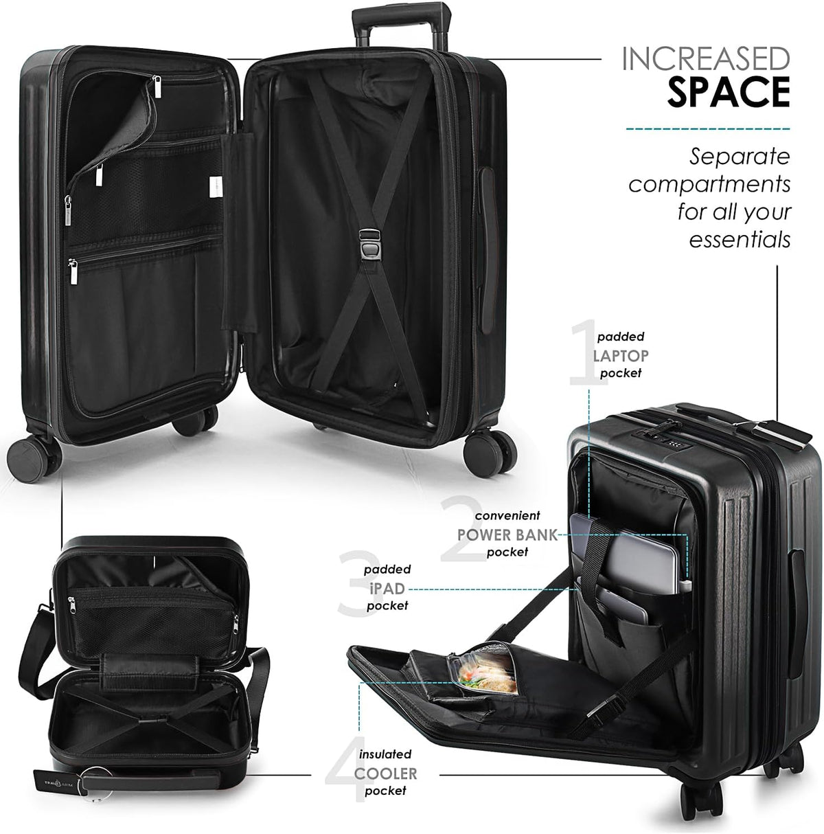 Hard Shell Luggage Sets with Spinner Wheels 4 Piece, Expandable Large Suitcases with TSA Lock, Travel Large Suitcase Set, Black Luggage Set