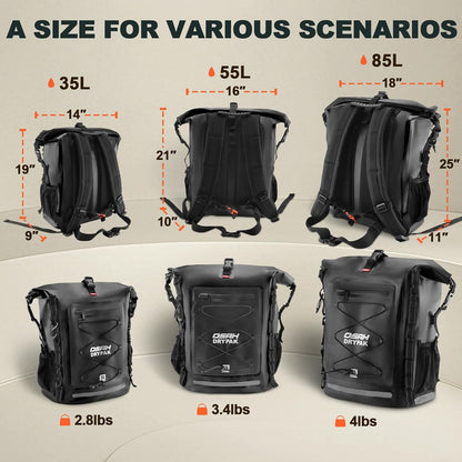 Waterproof Backpack Dry Bag 35L/55L/85L – Heavy Duty Roll-Top Hiking Backpack for Travel, Kayaking, Boating, Camping, Rafting and Fishing
