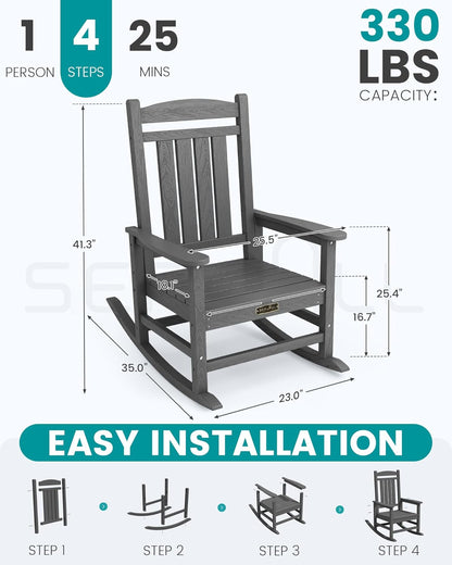 SERWALL Outdoor Rocking Chair, HDPE Patio Rocking Chair All-Weather Porch Rocker for Balcony, Yard, Gray