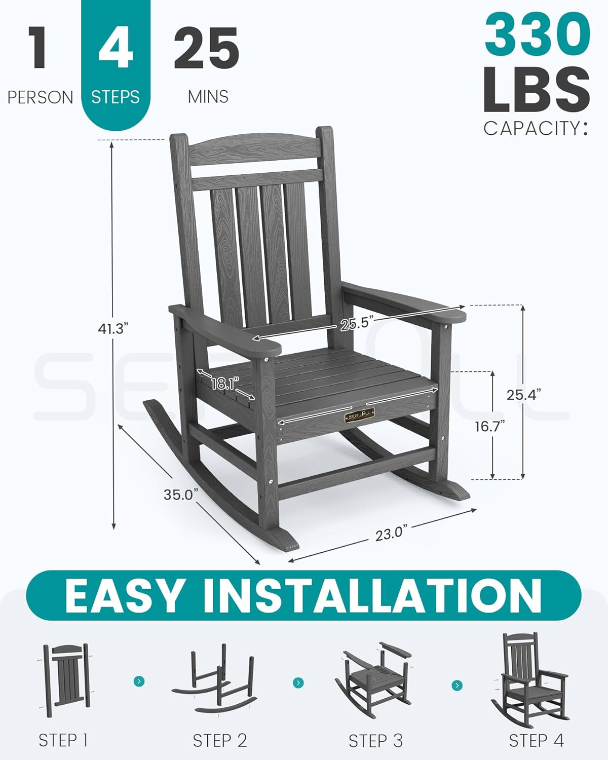 SERWALL Outdoor Rocking Chair Set of 2, HDPE Patio Rocking Chair All-Weather Porch Rocker for Balcony, Yard, Gray