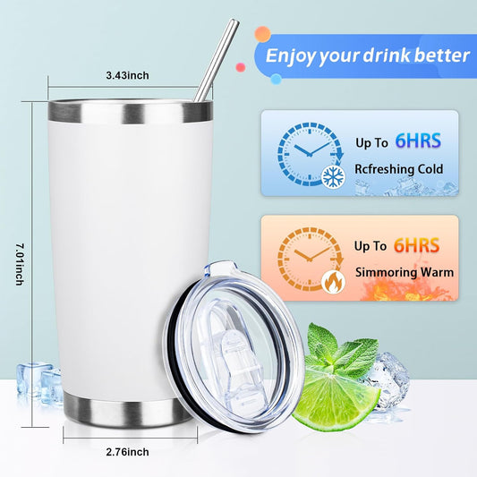 20oz Tumbler with Straw and Brush, Stainless Steel Vacuum Insulated tumbler, Double Wall Insulated Coffee Tumbler for Outdoor, Home, Travel,Office (White,1pcs)
