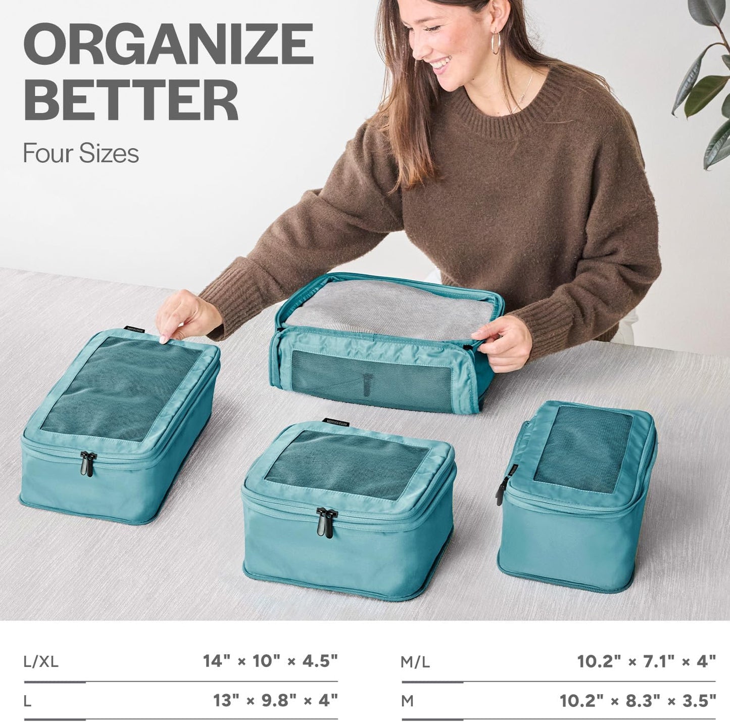 Compression Packing Cubes for Travel - Luggage Organizer Bags - Double Zipper Packing Cubes for Suitcases (4-Pack, Teal)
