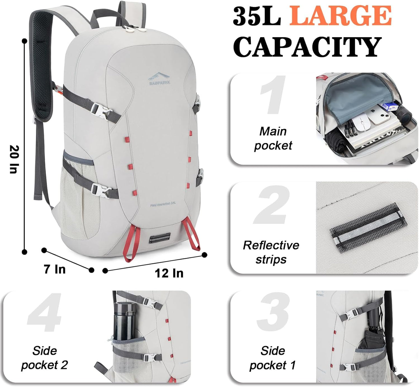 Hiking Backpack,Large 35L Travel Backpacks for Men Women,Ultra Lightweight Packable Camping Daypack for Outdoor Sports (Light Gray)