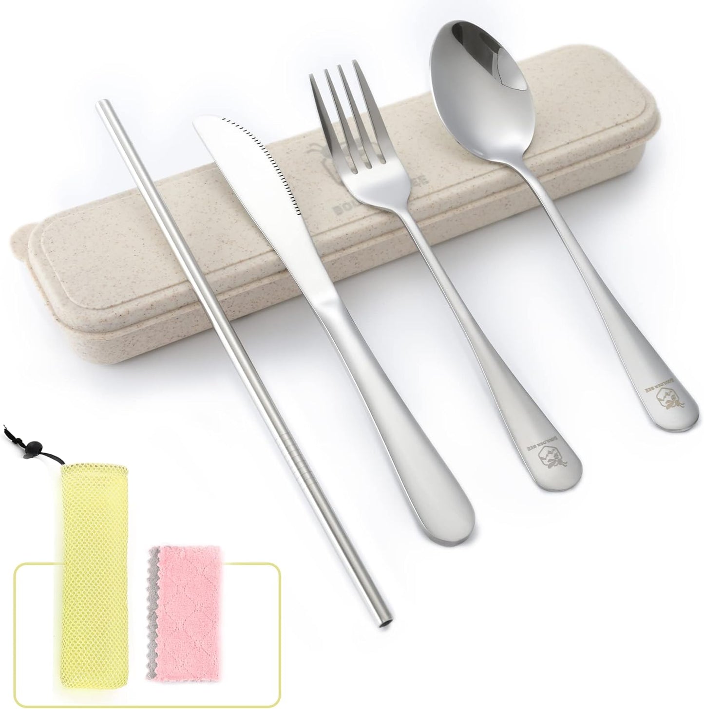 Boulder Bee | Travel Utensils Set | Reusable Camping Cutlery Set | Stainless Steel Flatware Set | Portable Silverware Set with Case | Includes Knife/Fork/Spoon/Straw/Cleaning Cloth/Case (Silver)