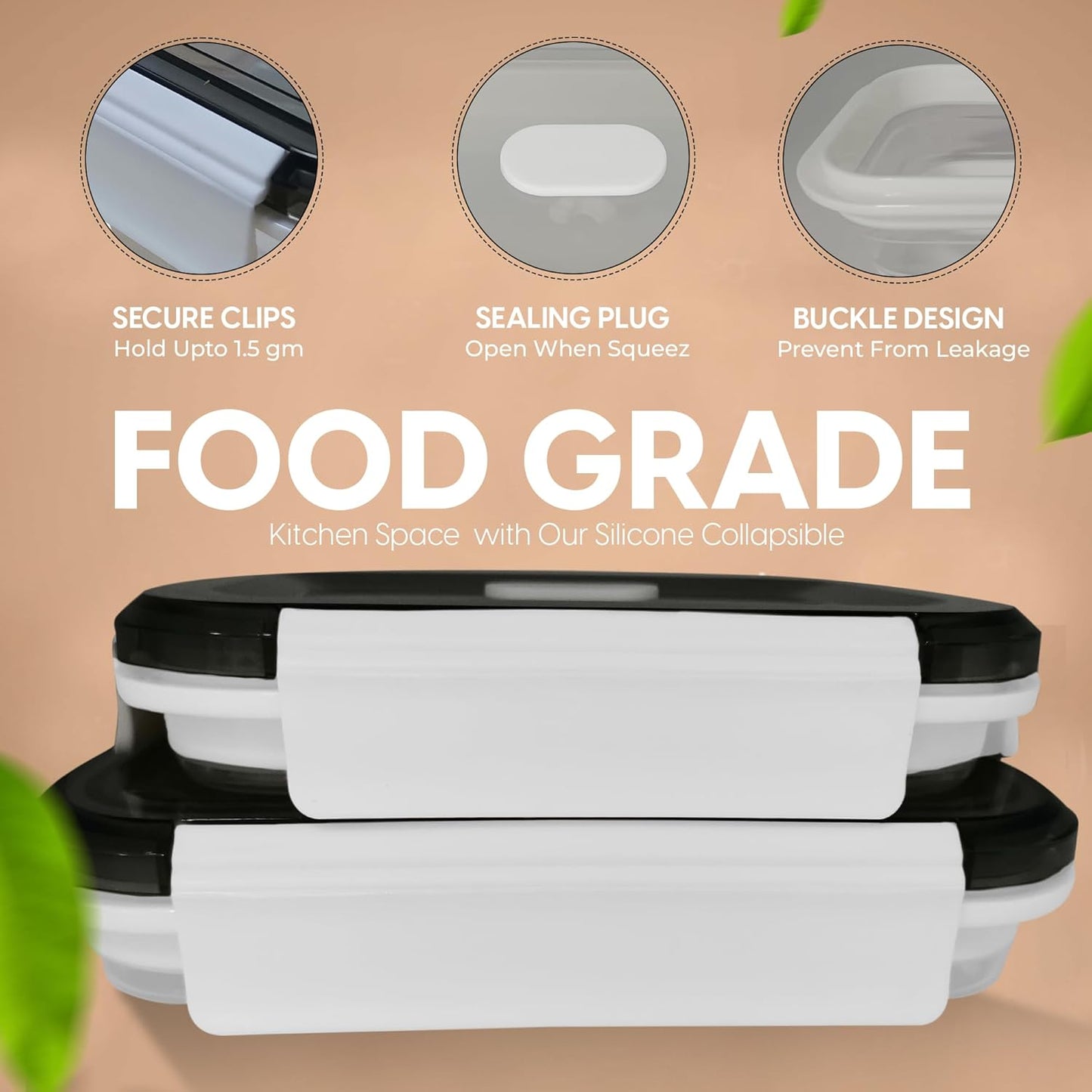 A MILLI Collapsible Lunch Box- Foldable Silicone Food Containers, Tupper ware boxes, Folding, Microwave Safe, Freezer Safe, Dishwasher Safe -Set Of 2
