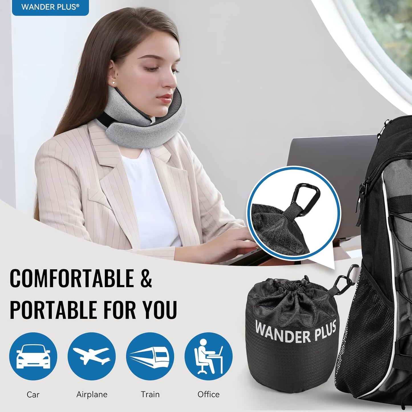 WANDER PLUS® Travel Neck Pillow, Pure Memory Foam Neck Pillow for Airplanes, Comfortable Breathable Cover, 360 Degree Support Ergonomic Design Best for Sleeping Plane Train Travel Essentials Max Black