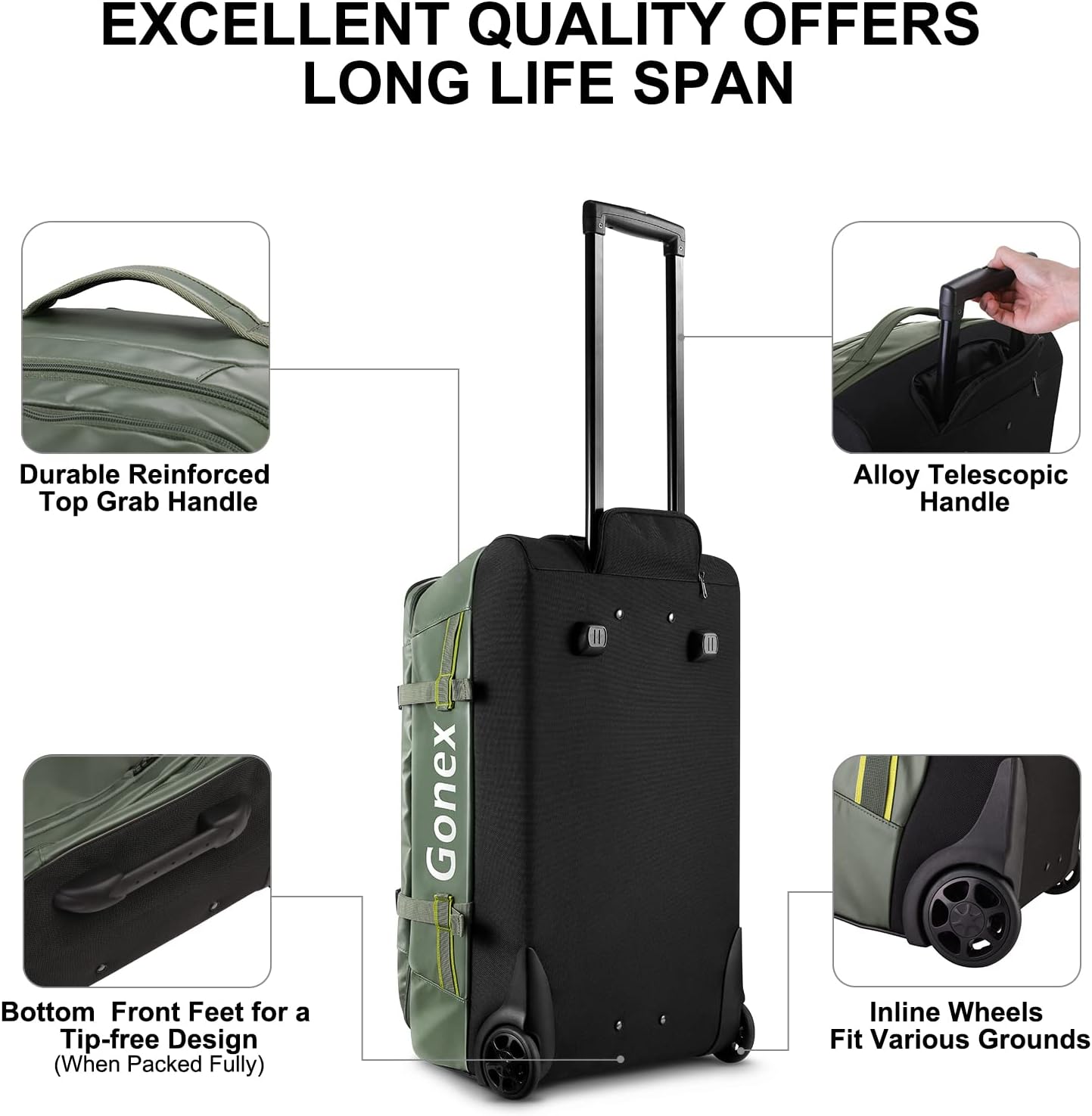 Gonex Rolling Duffle Bag with Wheels, 70L Water Repellent Wheeled Travel Duffel Luggage with Rollers 25 inch, Olive Green