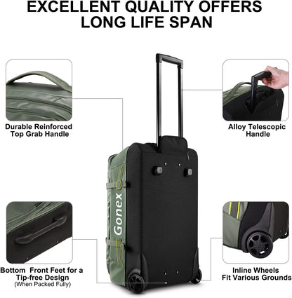 Gonex Rolling Duffle Bag with Wheels, 70L Water Repellent Wheeled Travel Duffel Luggage with Rollers 25 inch, Olive Green