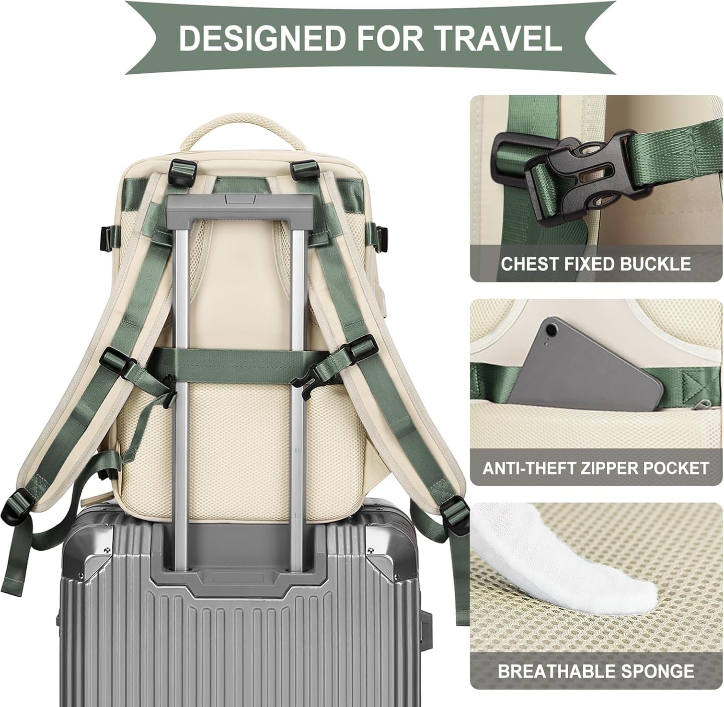 coowoz Large Travel Backpack For Women Men,Carry On Backpack,Hiking Backpacks Waterproof Outdoor Sports Rucksack Casual Daypack travel essentials（White Green）