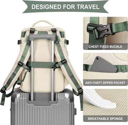 coowoz Large Travel Backpack for Women Men,Carry On Backpack Flight Approved,Hiking Backpack Outdoor Rucksack Casual Daypack Fit 15.6 Inch Laptop Shoes Compartment White Green L