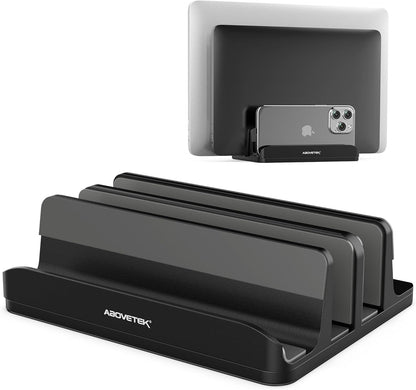 AboveTEK Vertical Laptop Stand Holder, 3 Slots Aluminum Desk Stand with Adjustable Dock Size for Tablet, MacBook, Phone - Universal Fit (up to 17.3") - Heavy Duty Polished, Anti Slide - Black