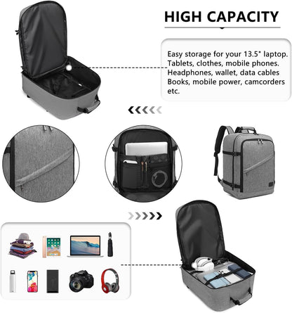 Kono Carry on Backpack, 18" Airplane Approved Under Seat Travel Backpack for Men and Women, Waterproof Lightweight Daypack for Flight 30L (Grey, Medium)