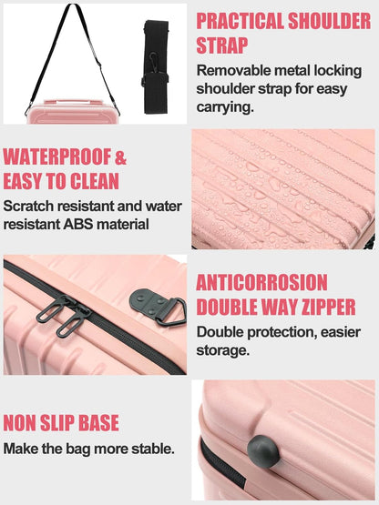 Kalolary Travel Makeup Train Cases,Makeup Bag with 3 Color Lighted Mirror Cosmetic Case Organizer Bag with Adjustable Dividers & Shoulder Strap 3 Layer Portable Makeup Storage Box for Women,Pink