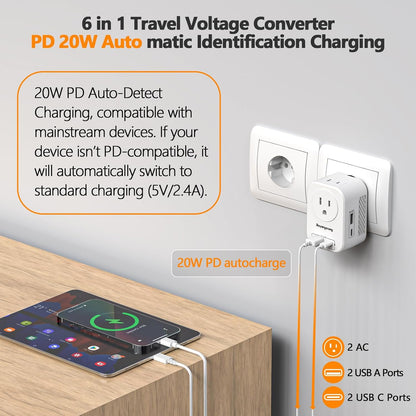 220V to 110V Voltage Converter US to Europe International Universal Travel Adapter, 20W PD With 2 USB-A 2 USB-C Port, Worldwide Power Converter Plug Combo US to Spain Italy Greece WHITE-I