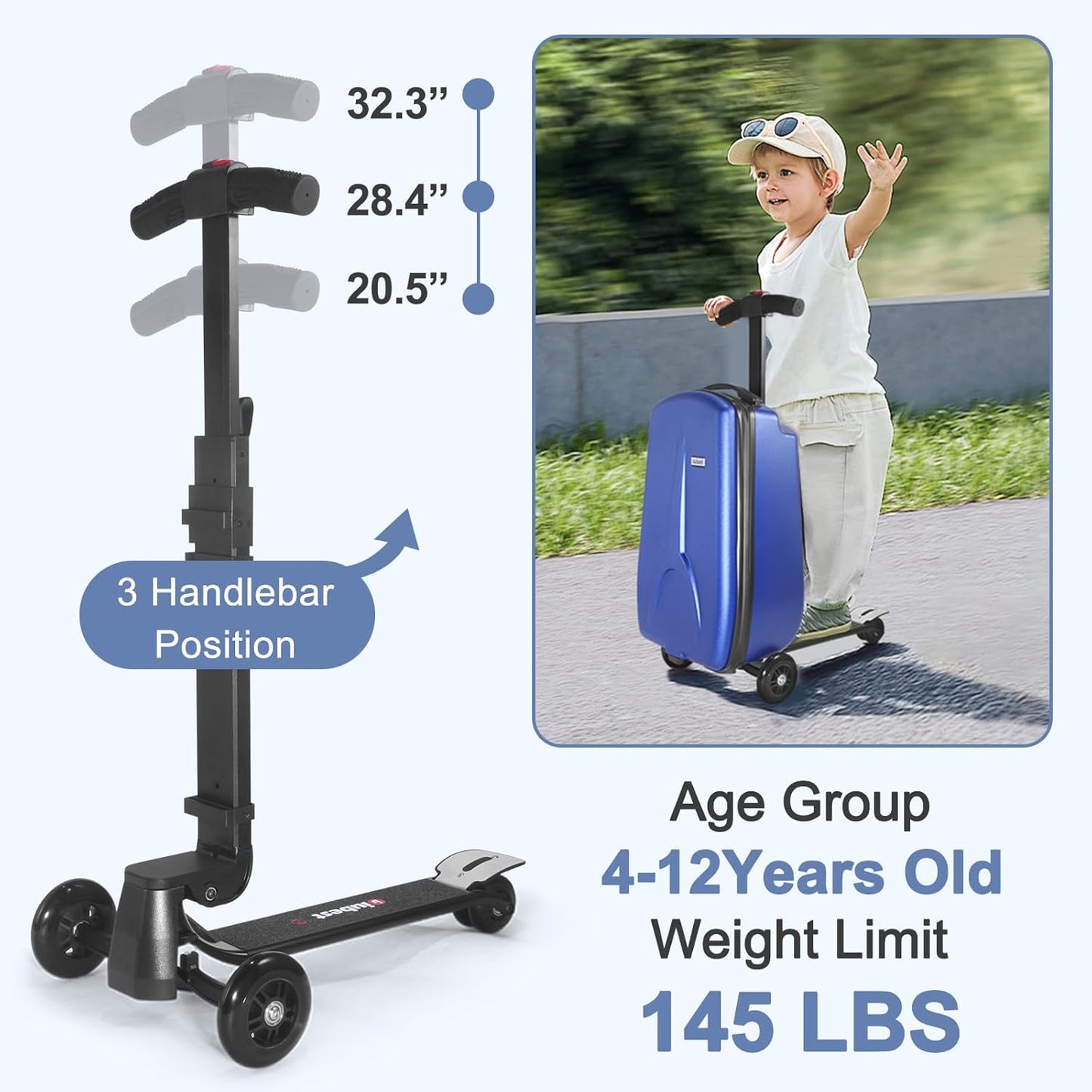 iubest Scooter Luggage Carry On Scooter Suitcase for Kids Age 4-15, Detachable & Foldable 4 in 1 Kids Suitcase, Multifunctional Ride On Travel Trolley Scooter Combo-Blue