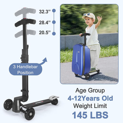 iubest Scooter Luggage Carry On Scooter Suitcase for Kids Age 4-15, Detachable & Foldable 4 in 1 Kids Suitcase, Multifunctional Ride On Travel Trolley Scooter Combo-Blue