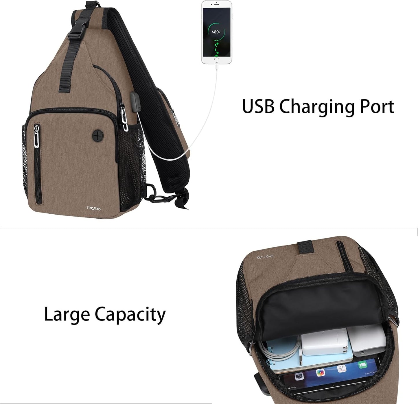 MOSISO Sling Backpack Bag, Crossbody Shoulder Bag Travel Hiking Daypack Chest Bag with Front Square Pocket&USB Charging Port