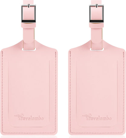 Travelambo Luggage Tags for Suitcases Faux Leather Privacy Protection 2 Pack Bag Tags Travel Accessories Essential, Light Pink