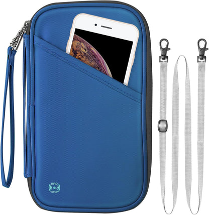 RFID Passport Holder for Family - Large Travel Wallet Holder with Zipper Pocket, Lightweight Portable Document Organizer Passport Card Cover, Blue