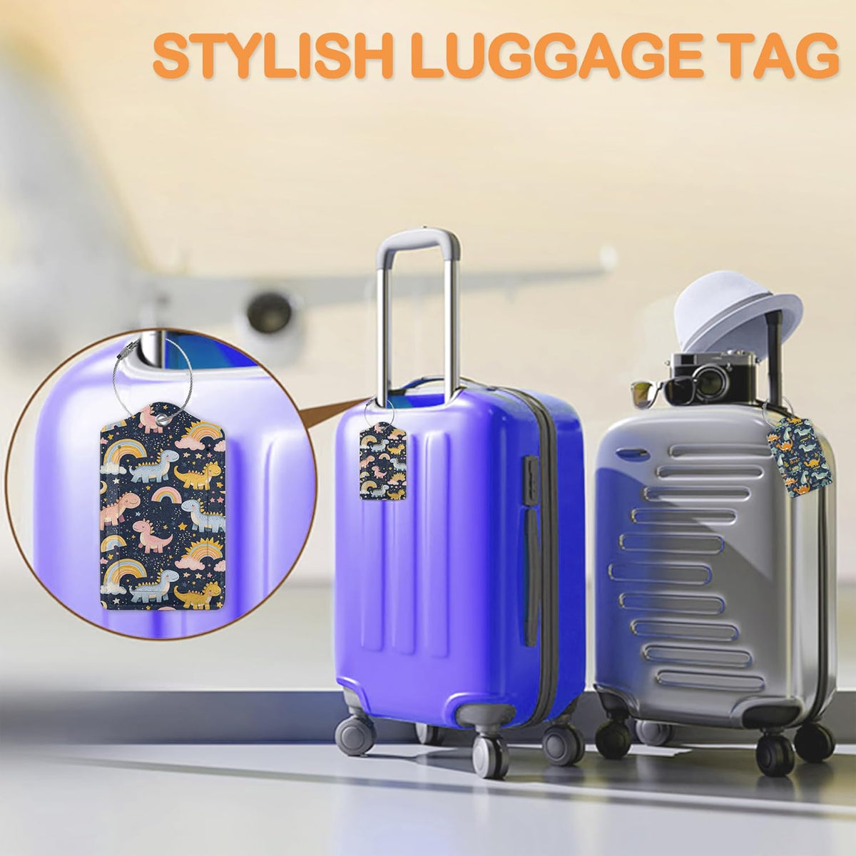 Cute Funny Dinosaurs 3 PCS Luggage Tags, Colorful Dinosaurs Leather Suitcase Tags with Privacy Cover Name Address Labels and Durable Steel Loop for Men/Women Travel Bag Suitcases