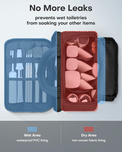 HOTOR Travel Toiletry Bag - Wide-Open Toiletry Bag for Women, Multi-Pocket Makeup Bag for Travel Essentials, Wet & Dry Separation Travel Accessories for Trip, Gym, 12.6" x 6.3" x 8.9", Black