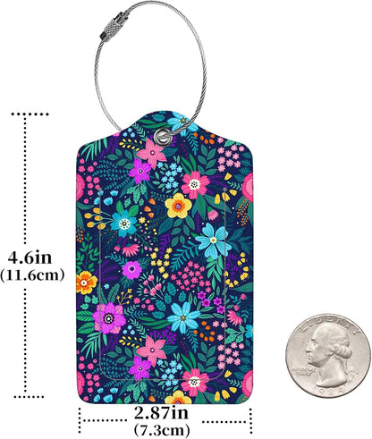 2 Pcs Luggage Tags for Suitcase, Cute Unique PU Leather Travel Bag Tag with Privacy Cover ID Label Address Card and Durable Metal Ring Suitable for Men Women Children Backpack,Purple Flowers