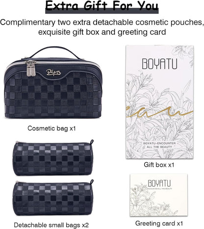 Travel Makeup Bag Organizer Cosmetic Bag: 3 Pcs Set Make up Bags for Women with Handle - Waterproof Vegan Leather Toiletry Bags with Comparments (C-12-Dark Blue)