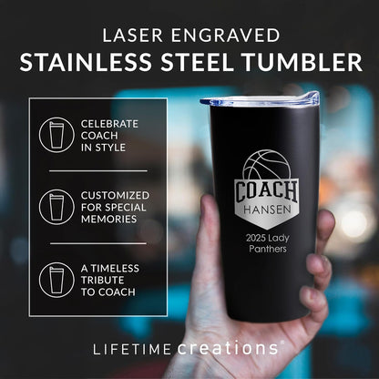 Lifetime Creations Personalized Basketball Coach Tumbler: Custom Basketball Coach Gift, Coaches Coffee Travel Mug from Team, Insulated Engraved Stainless Steel 20 Ounce Cup (Matte Black)