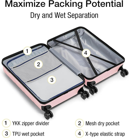 KYME 26 Inch Luggage TSA Approved Hardshell 26" Suitcases with Spinner Wheels Durable Medium Travel Checked Luggage with Cup Holder for Women Men Pink