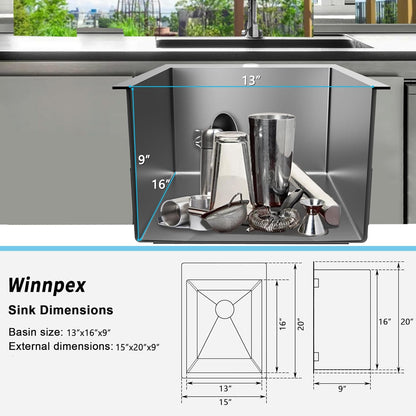 15x20 inch Drop in Bar Sink, 15 inch Small Kitchen Sink 18 Gauge Single Bowl Stainless Steel Topmount Bar Sink with Basket Strainer Drain & Bottom Grid