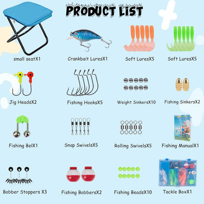 Kids Fishing Pole Set, Telescopic Fishing Rod Reel Combo Kids Starter Kit with Lures Tackle Box, Foldable Stool and Portable Bag for Boys Girls Younth