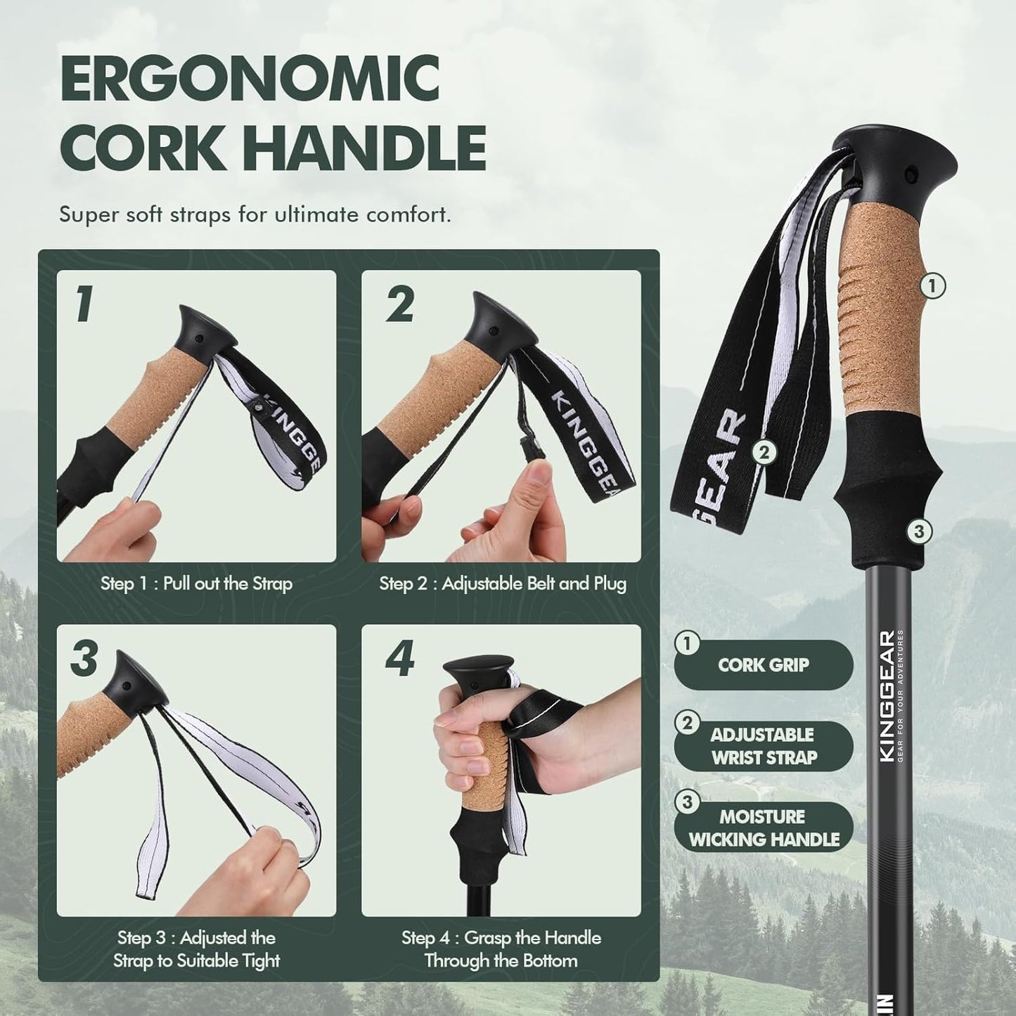 KINGGEAR Nordic Walking Stick, TP1 Hiking Poles Retractable Lightweight 7075 Aluminum, Trekking Poles with Flip Lock, Natural Cork and EVA Grip, 2pc Hiking Gear