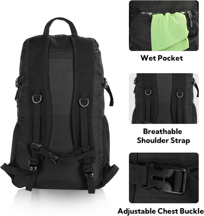 WATERFLY Lightweight Packable Hiking Backpack: 30L Foldable Travel Daypack Ultralight Camping Day Pack for Woman Man