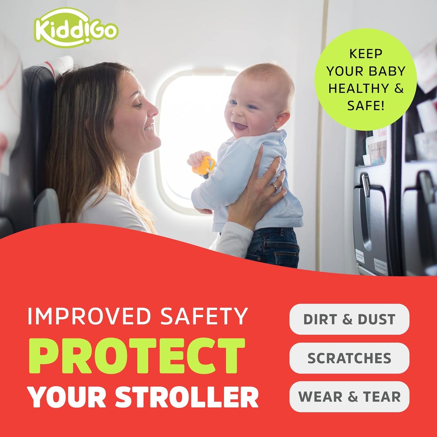 KiddiGo Umbrella Stroller Bag for Airplane Travel, Black and Green, 47" H x 15" W x 12" D, Fits Most Standard Umbrella Strollers, Gate Check Stroller Cover, Water-Resistant, Durable, Easy Carry Design