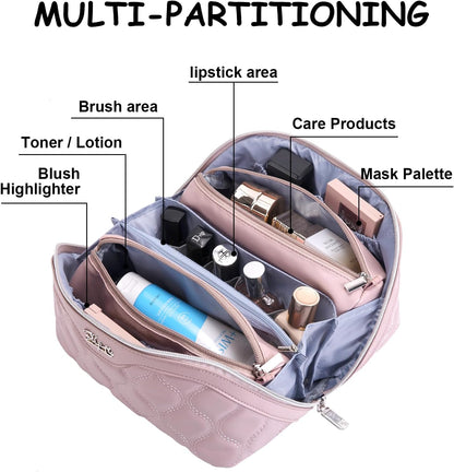 Travel Makeup Bags for Women Cosmetic Bag: Puffy Make up Bags Set of 3 - Vegan Leather Makeup Organizer - Waterproof Large Toiletry Bag with Compartments - Travel Essentials (Pink)