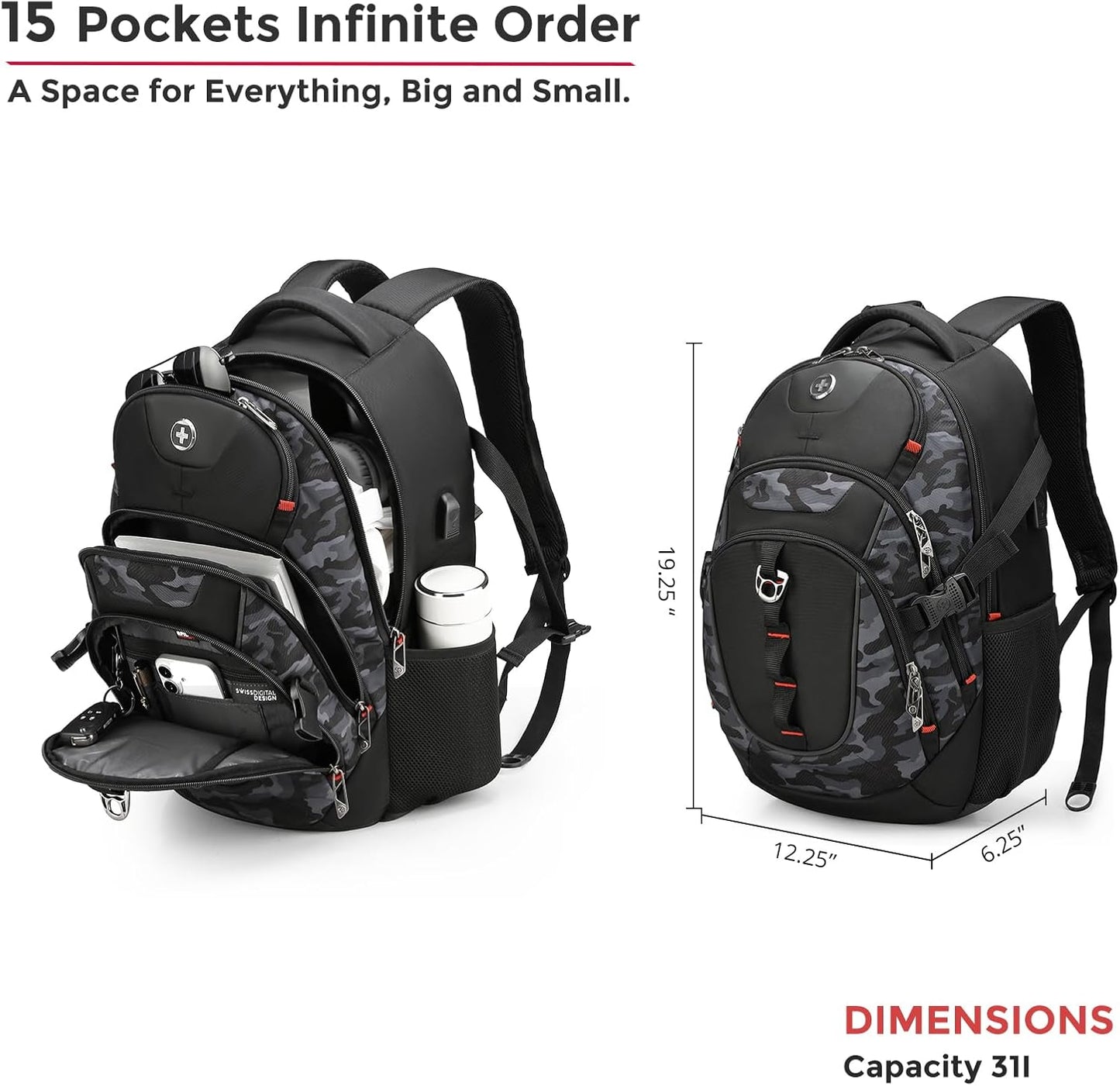 Swissdigital Design Laptop Backpack with USB Charging Port, TSA Travel Backpack Fits 15.6 inches Computer, 31L College School Backpack for Men, Gray Camo | SD803