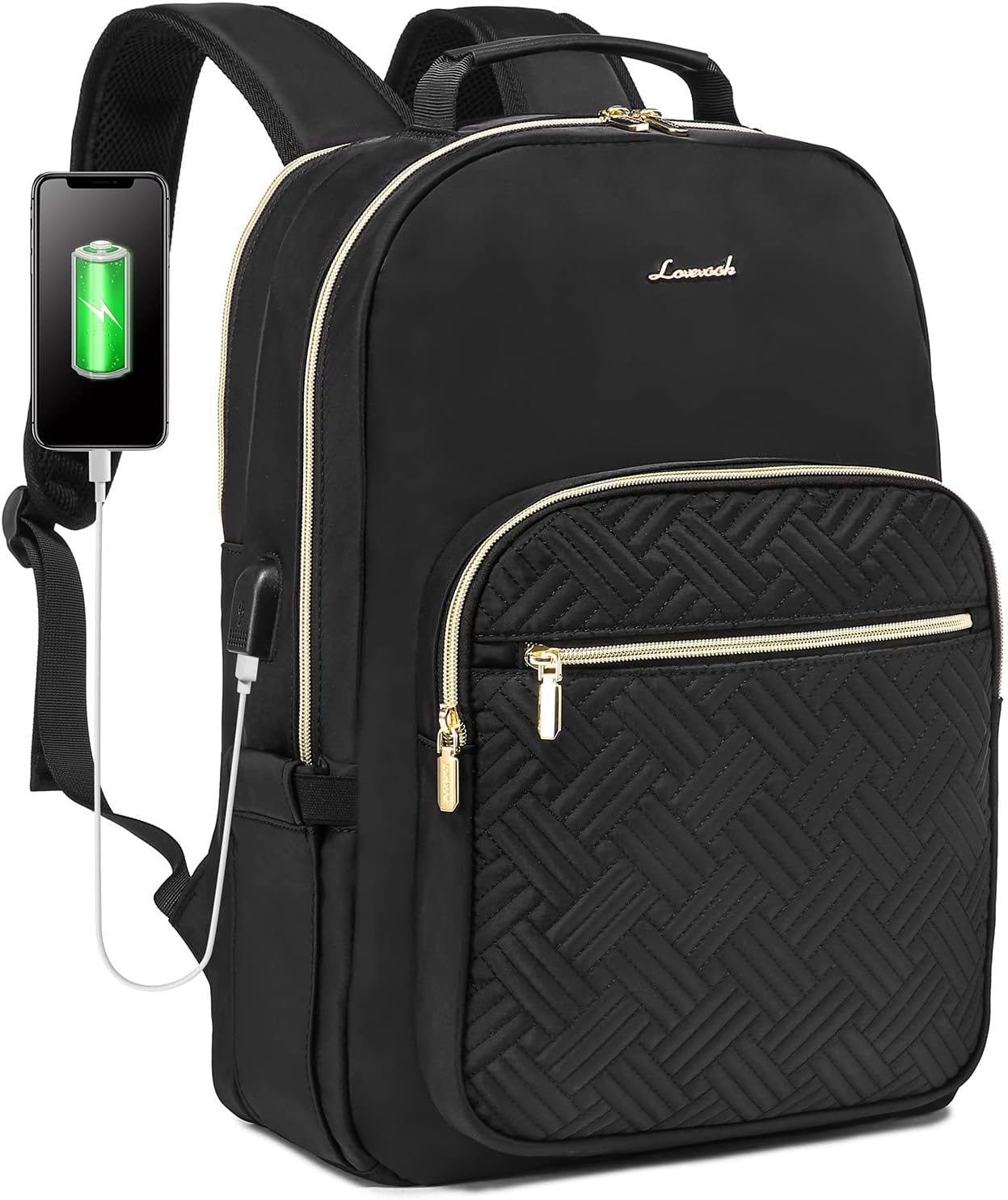 LOVEVOOK Laptop Backpack for Women, Stylish Quilted Backpacks Purse for Business Work Travel, Computer Bags Bag, with USB Port fits 15.6-inch Laptop, Black